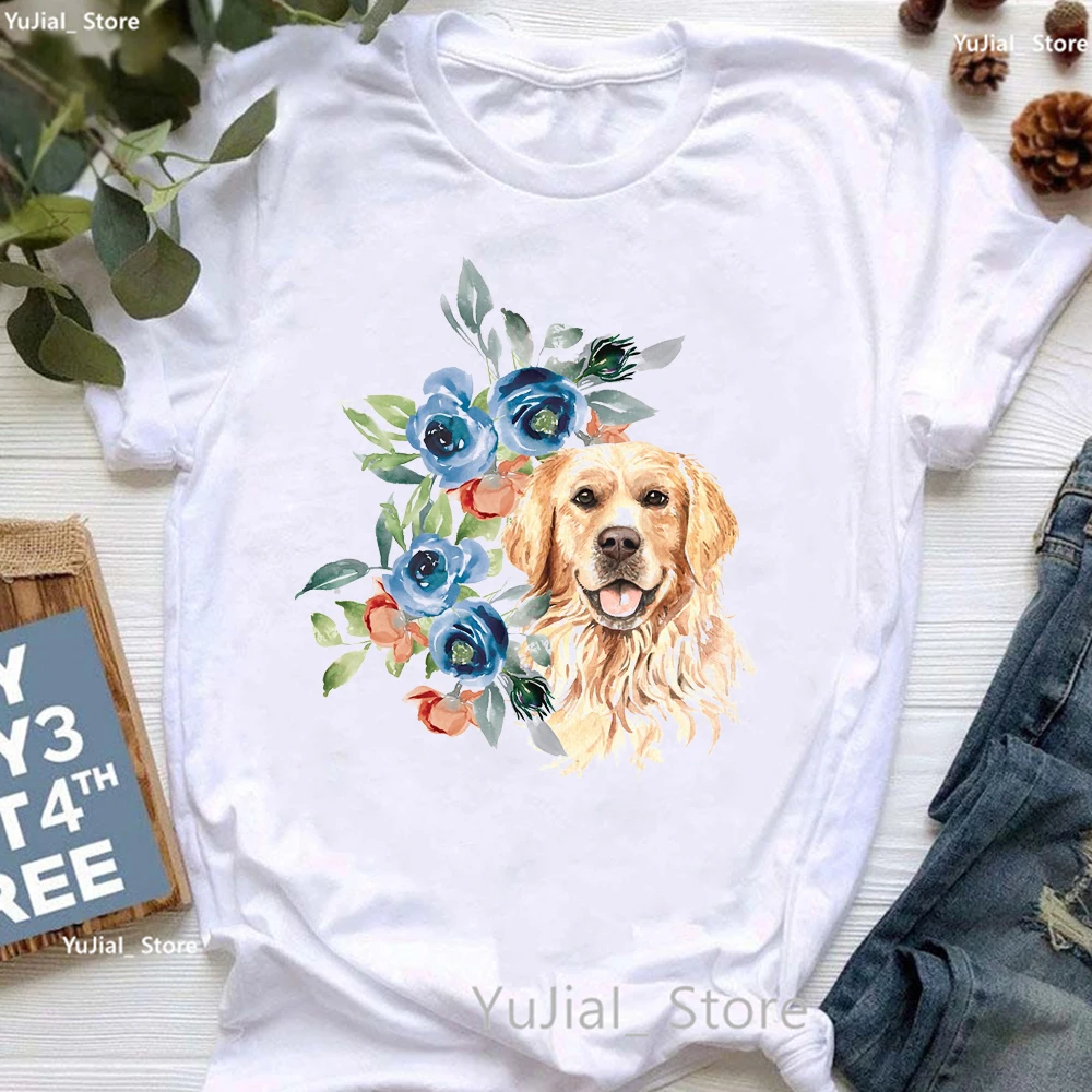 Kawaii Golden Retriever Blue Floral Bouquet Print T Shirt Girls Yorkshire Terrier/Pitbulls Tshirt Women Harajuku  Dog T-Shirt