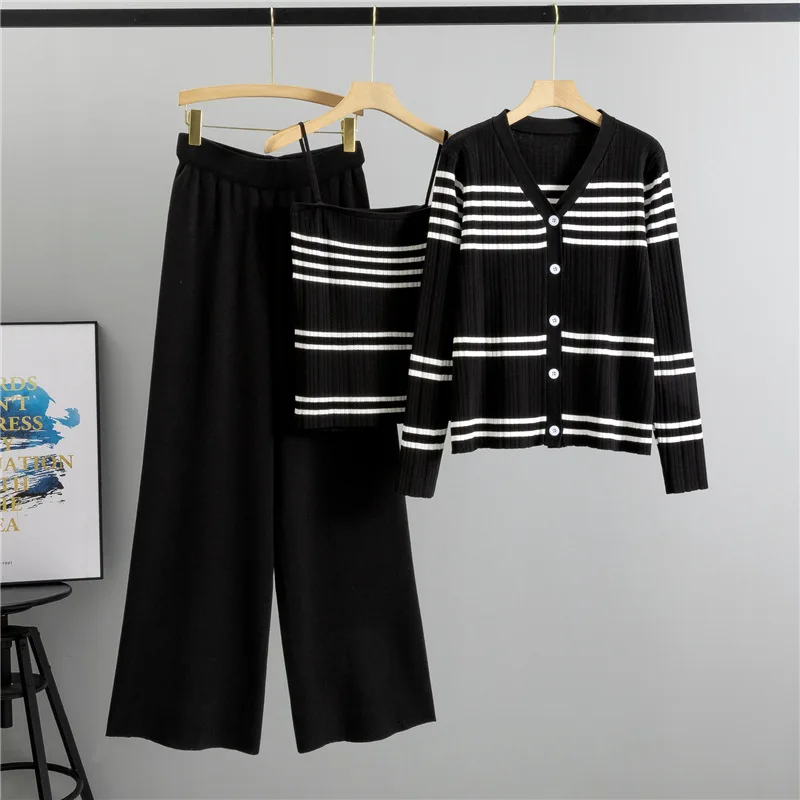 

Fashion Set for Women in Spring and Autumn New Korean Striped Knitted Cardigan Vest Wide Leg Pants Three Piece Set