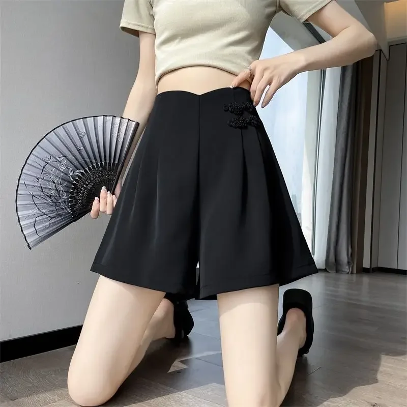 New Summer Chinese Style Women Clothing Wide Leg Pants Female Office Simplicity Buttons High Waist Solid Color Pants JJ730