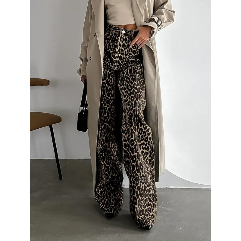 2024 estate retrò Street Style pantaloni larghi a vita bassa con stampa leopardata pantaloni larghi in cotone versatili pantaloni Casual Wome all'ingrosso