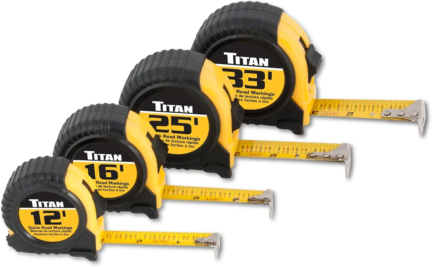 

4-Piece Tape Measure Set with 12', 16', 25' and 33' Lengths for Accurate Measuring in Home and Workshop