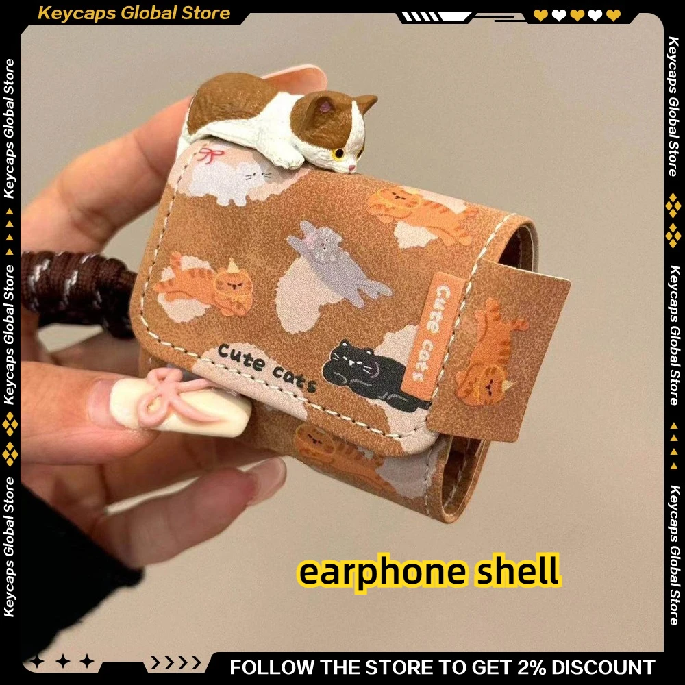 

Корейский кожаный чехол для наушников с изображением кота, трехмерный лежачий подходит для Airpods4, ниша, защита от падения, креативный милый кошачий корпус со шнурком