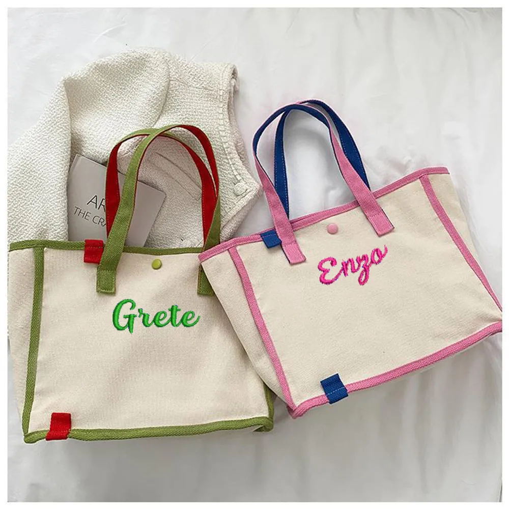 Personalized Embroidery Cotton Canvas Tote Bag Shopping Handbag Bag Daily Essentials Top Button Closure Custom Name