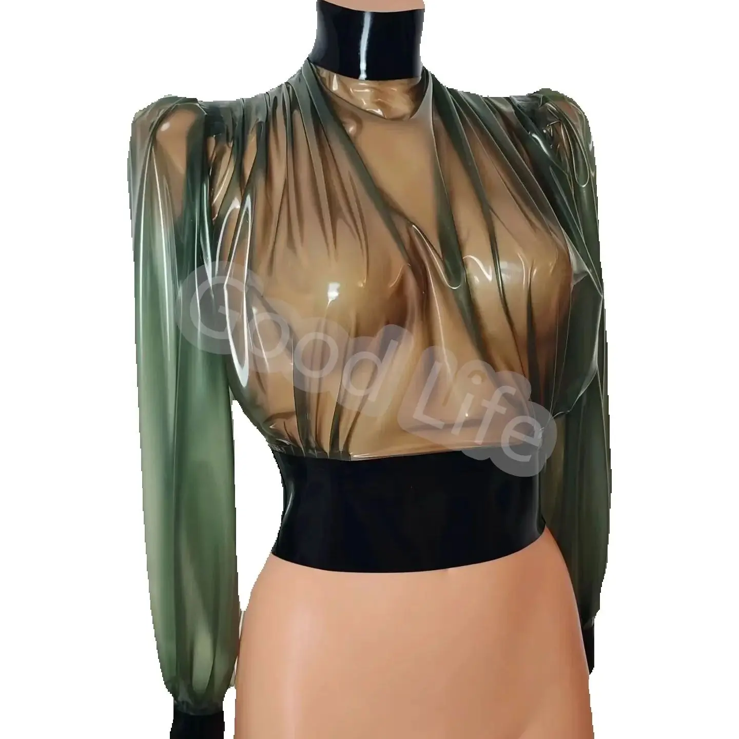 Handgemaakte sexy bodysuit natuurlijke latex dame lange mouw los shirt latex vrouw top met zwarte deco dame blouse terug rits - afbeelding 2
