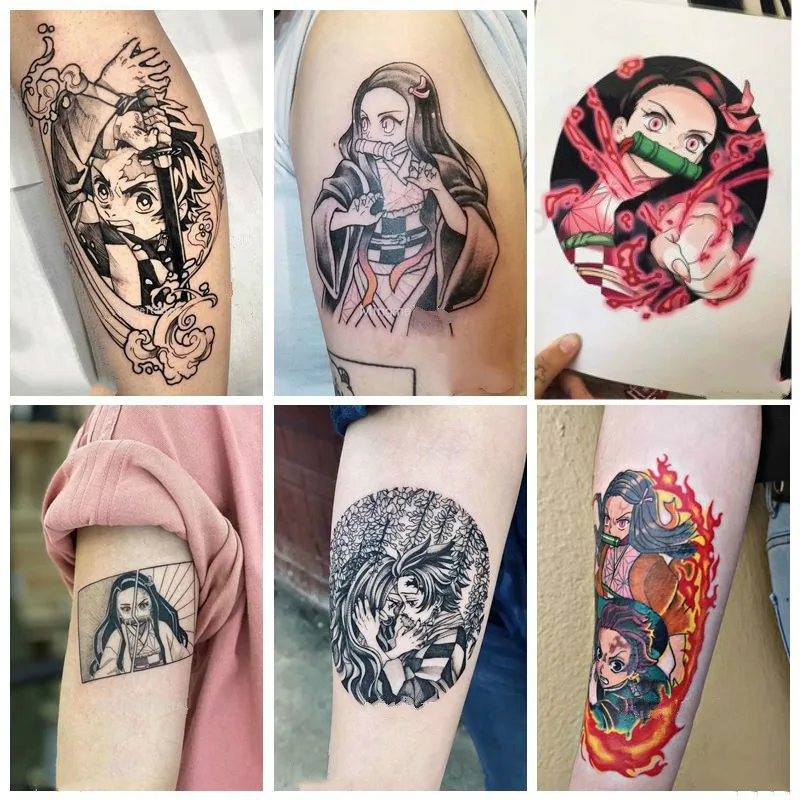 Tatuajes temporales de Anime, tatuaje de dibujos animados de Nezuko Tanjirou, tatuaje artístico para brazo, tatuaje falso resistente al agua, pegatina para adultos, mujeres, hombres y niños