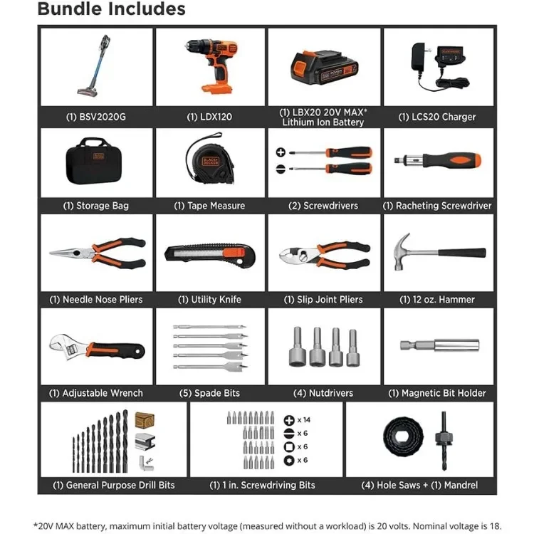 20V MAX Drill/Home Tool Kit with POWERSERIES Extreme Cordless Stick Vacuum, Blue (LDX120PK & BSV2020G)