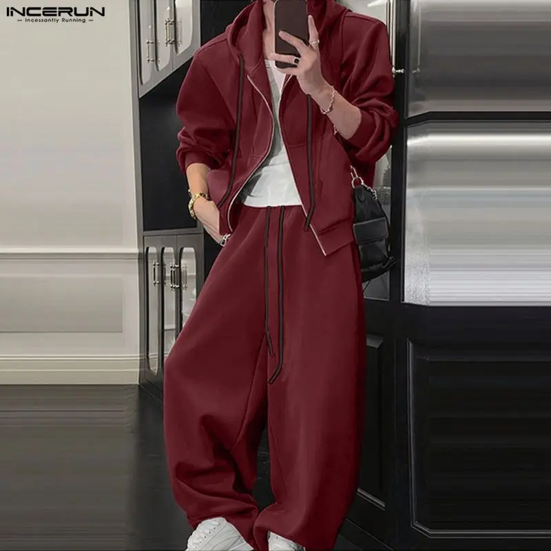 

INCERUN мужские комплекты однотонные толстовки и брюки на молнии с капюшоном и длинными рукавами комплекты из двух предметов для тренировок уличная одежда повседневные мужские костюмы S-5XL