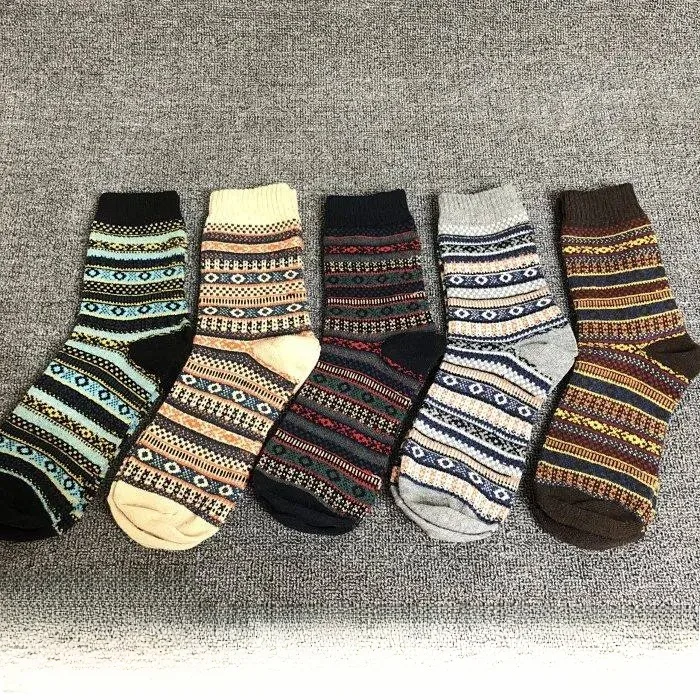 

Retro Ethnic Style! 5 Pairs Pack! Rabbit Wool Blend! Men's Unisex Autumn Winter Mid-Calf Socks Anti-Bacterial Striped