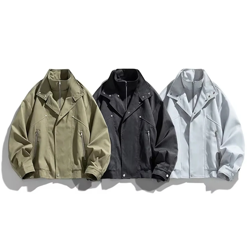 

Men's PU leather jacket, retro washed lapel motorcycle training suit, loose multi-functional waterproof two-piece fake jacket