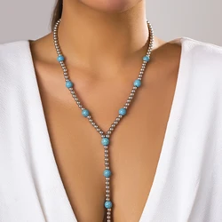 IngeSight.Z Bohemia Blue Stone Beaded Long Choker Necklace Women Men Punk Silver Color CCB Ball Beads Chest Chain Body Jewelry