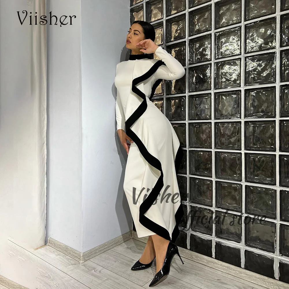 

Viisher Black White Mermaid Evening Dresses Long Sleeve High Neck Elegant Prom Party Dress Ankle Length Foraml Evening Dress