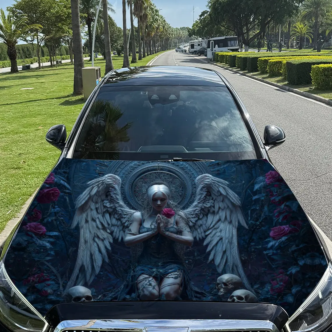

Энигматический крылатый ангел с розами и черепами, виниловая пленка для автомобиля, водонепроницаемая наклейка на капот автомобиля из ПВХ, самоклеящаяся устойчивая к царапинам