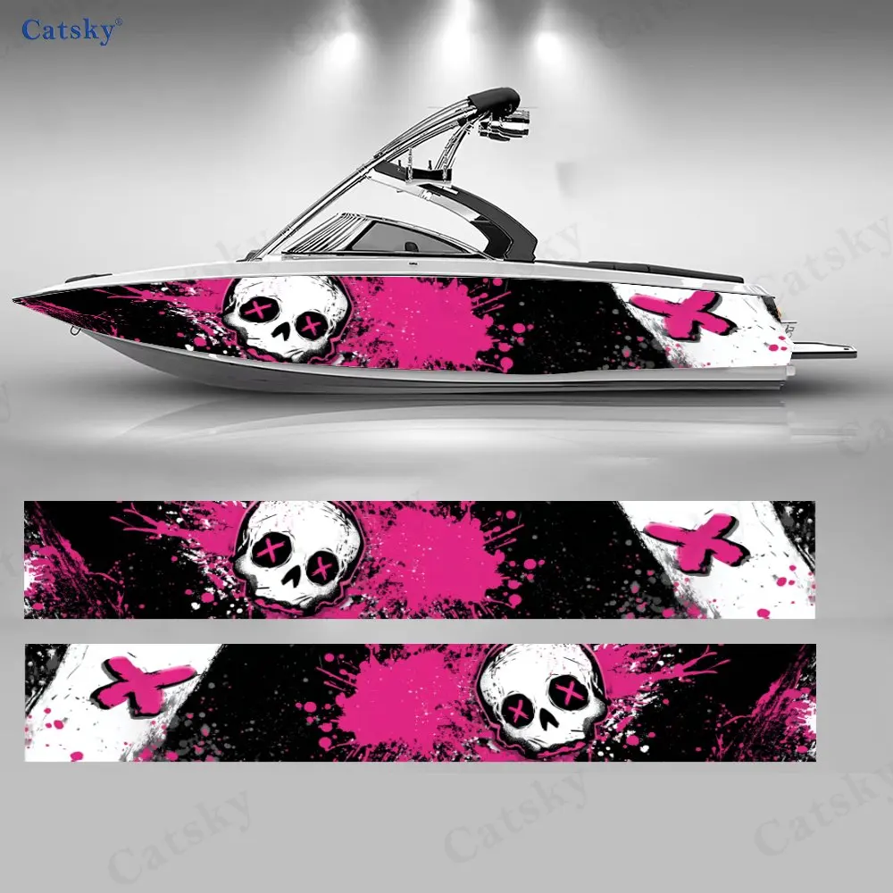 

Pink & Black Skull Trend Boat Stickers, PVC Waterproof Durable Vinyl Wrap Decals for Fishing Boats, Durable and Stylish Design