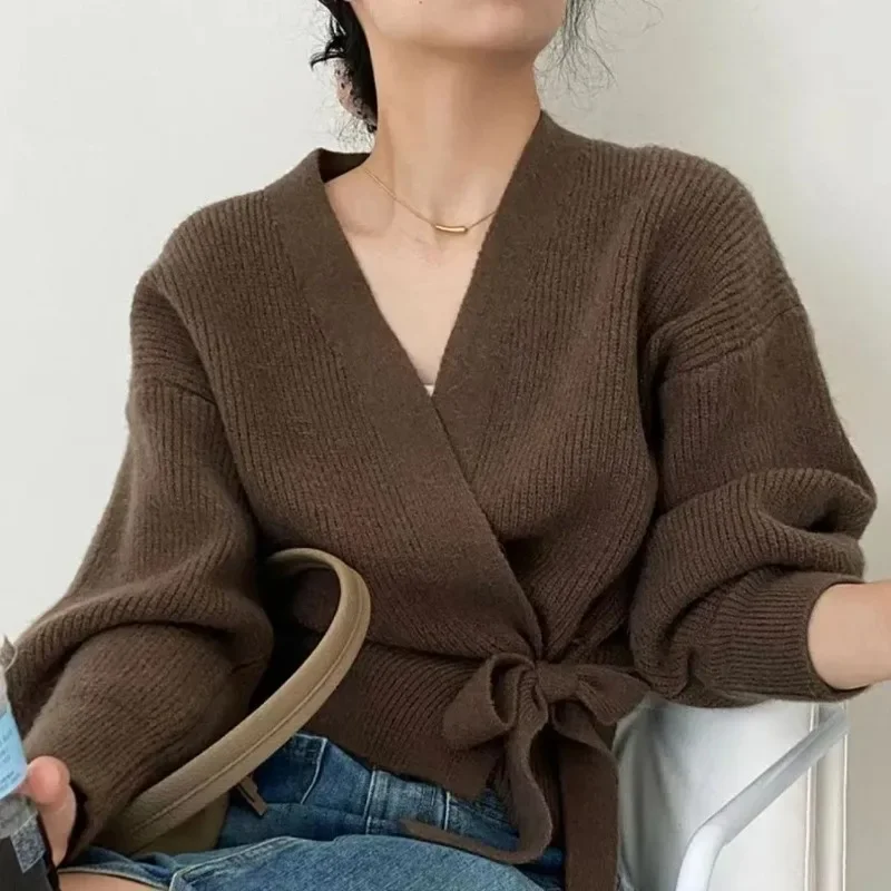 Knitted Lace Up Sweater Cardigan Women Casual Design Sense Long Sleeve Cardigans Korean Fashion Elegant Autumn Winter Sweaters