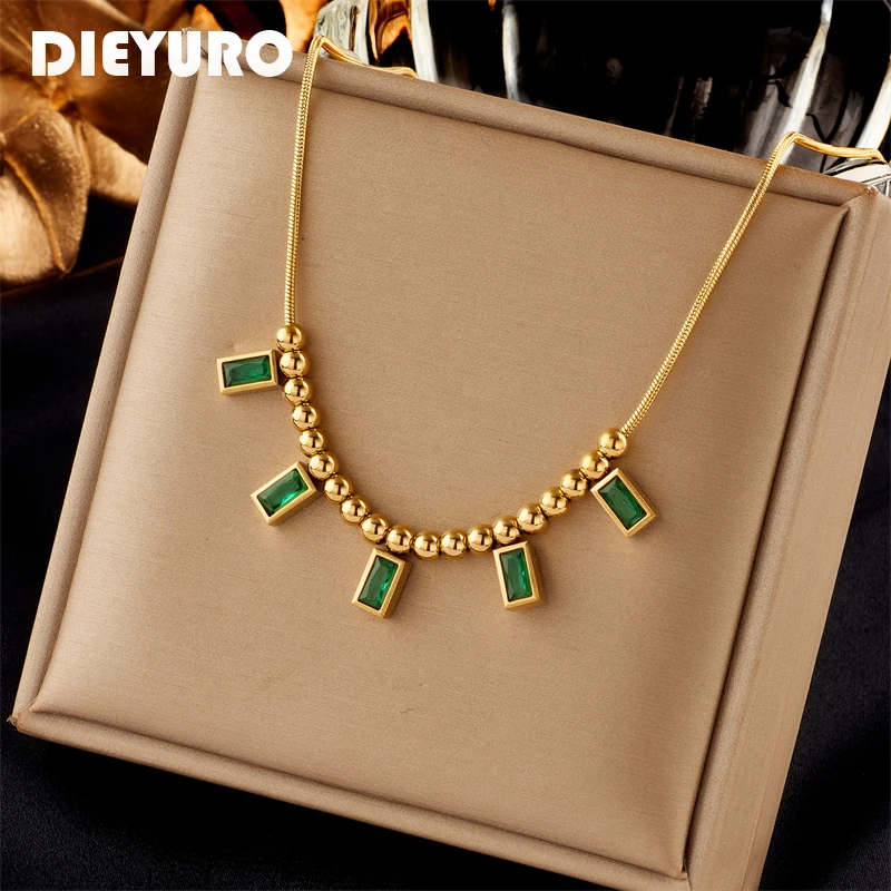 DIEYURO 316L Stainless Steel Square Green Zircon Crystal Pendant Necklace For Women New Fashion Beads Chain Choker Jewelry Gifts