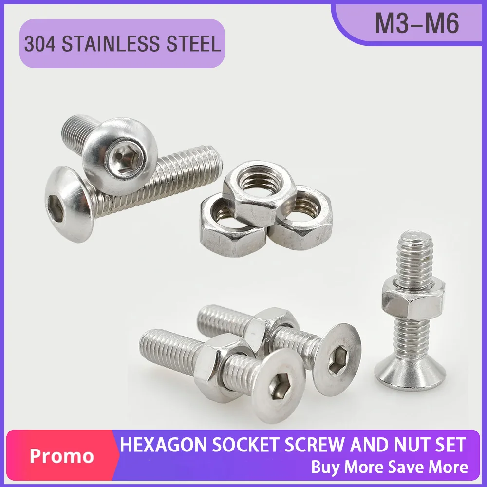 304 Stainless Steel Hex Socket Screws M3 M4 M5 M6 Metric Threaded Allen Screw and Nut Set Hexagonal Motorcycle Fairing Bolts Kit