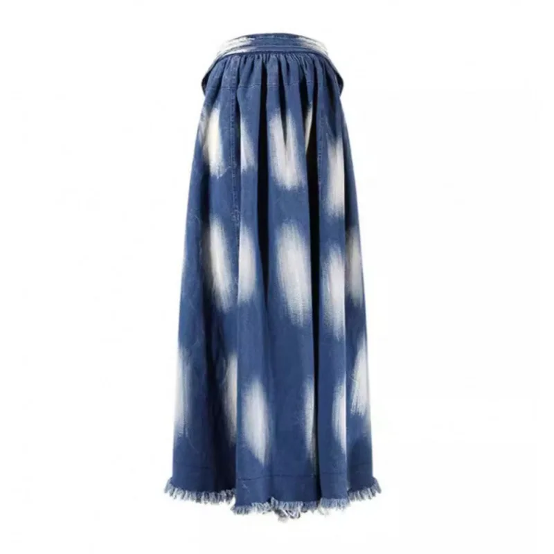 ANJY Spring Autumn New Women Tie-Dye Hem Fringe Stylish Waist-Tie Design Denim Skirt Ins Loose Fashionable Elegant Skirts A17515
