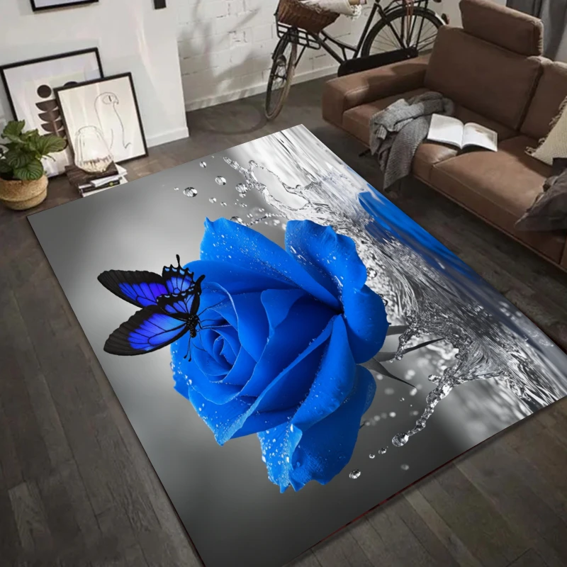 Blaue Rosen-Teppich-Fußmatte mit Schmetterlings-Blumenmuster, rutschfest, leicht zu reinigen, elegante Dekoration, Teppich für Wohnzimmer, Schlafzimmer, haustierfreundlich