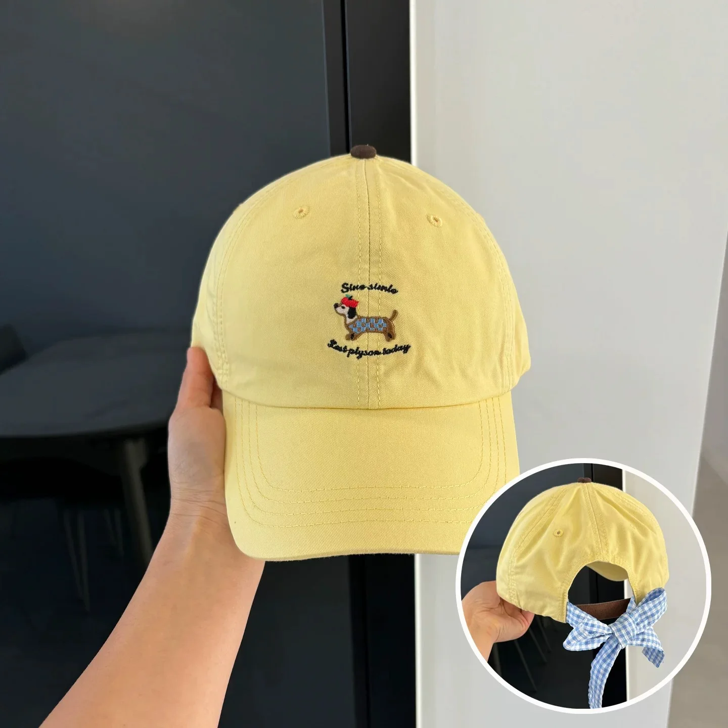 Korean Embroidered Dog Sun Hat Breathable Baseball Cap with Bow Sun Protection Duck down Spring Autumn New Style