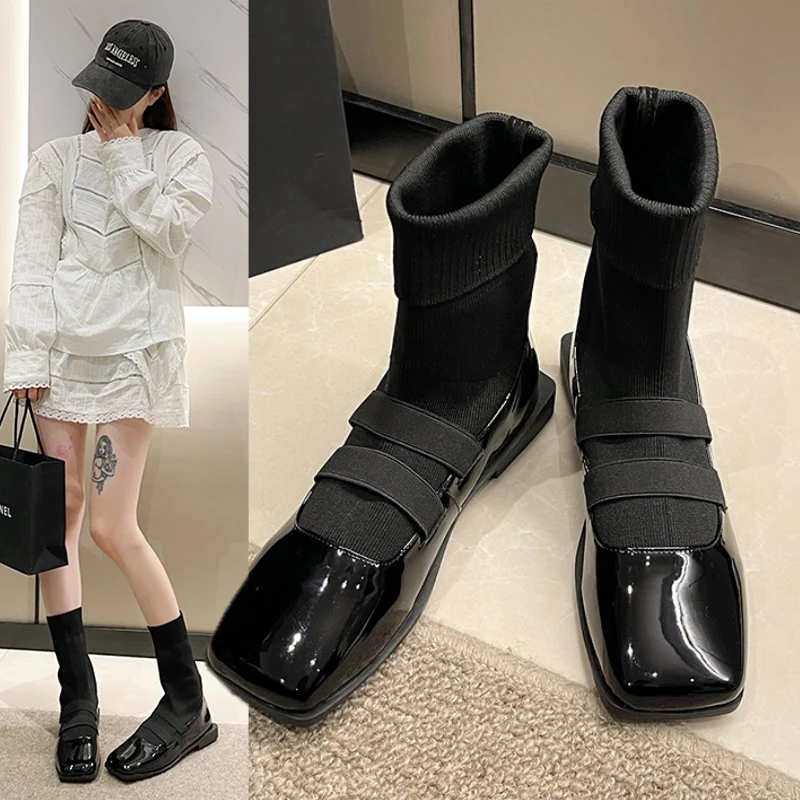 Botas de calcetín de punto elástico para mujer, Zapatos informales de tacón bajo con punta cuadrada, color negro mate, novedad de 2023