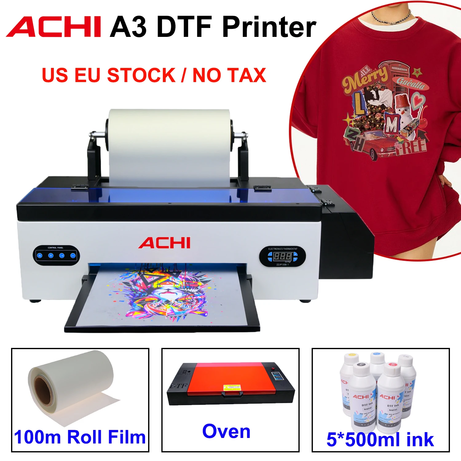 ACHI DTF Transfer Printer R1390 DTF Printer T Shirt Printing Machine With Curing Oven for Clothes Hoodies Jeans Textile US Stock