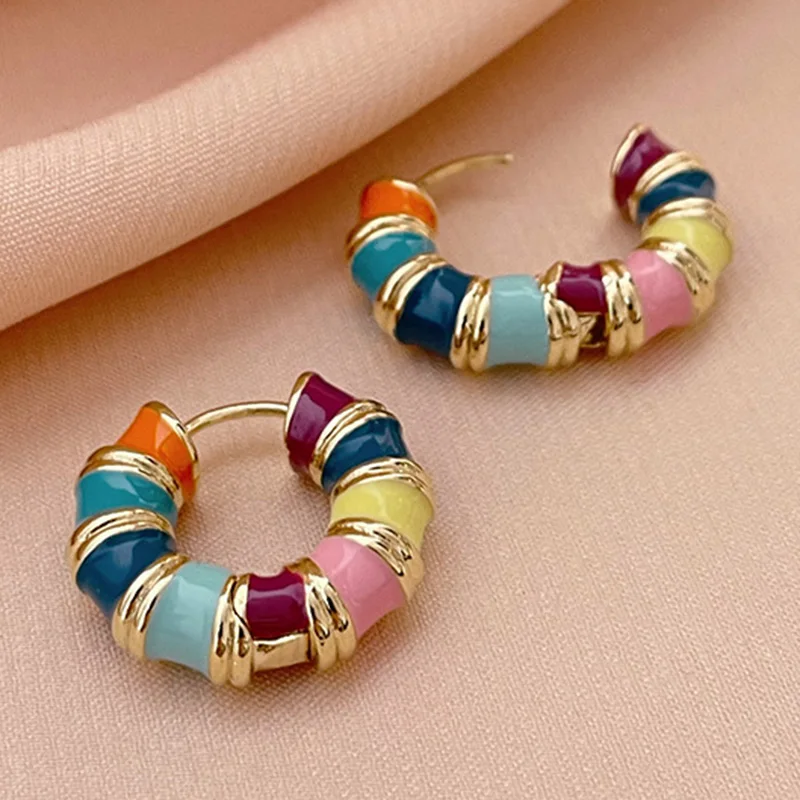 925 Sterling Silver Original Jewelry Fashion Colorful Bamboo Knots Hoop Earrings For Woman New XY0195