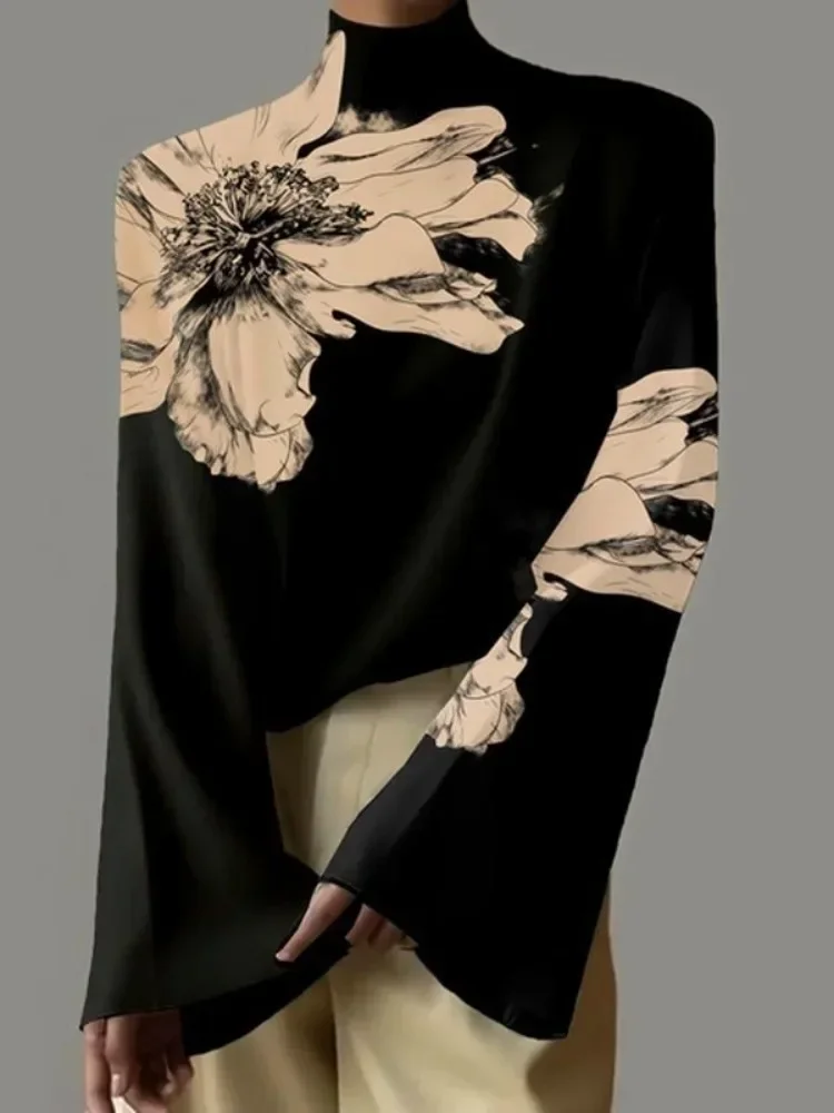 Gymystars High Neck Tops Female Autumn Flower Print T-Shirts New Casual Black Flared Sleeves Elegant Woman Clothing Wear Outside