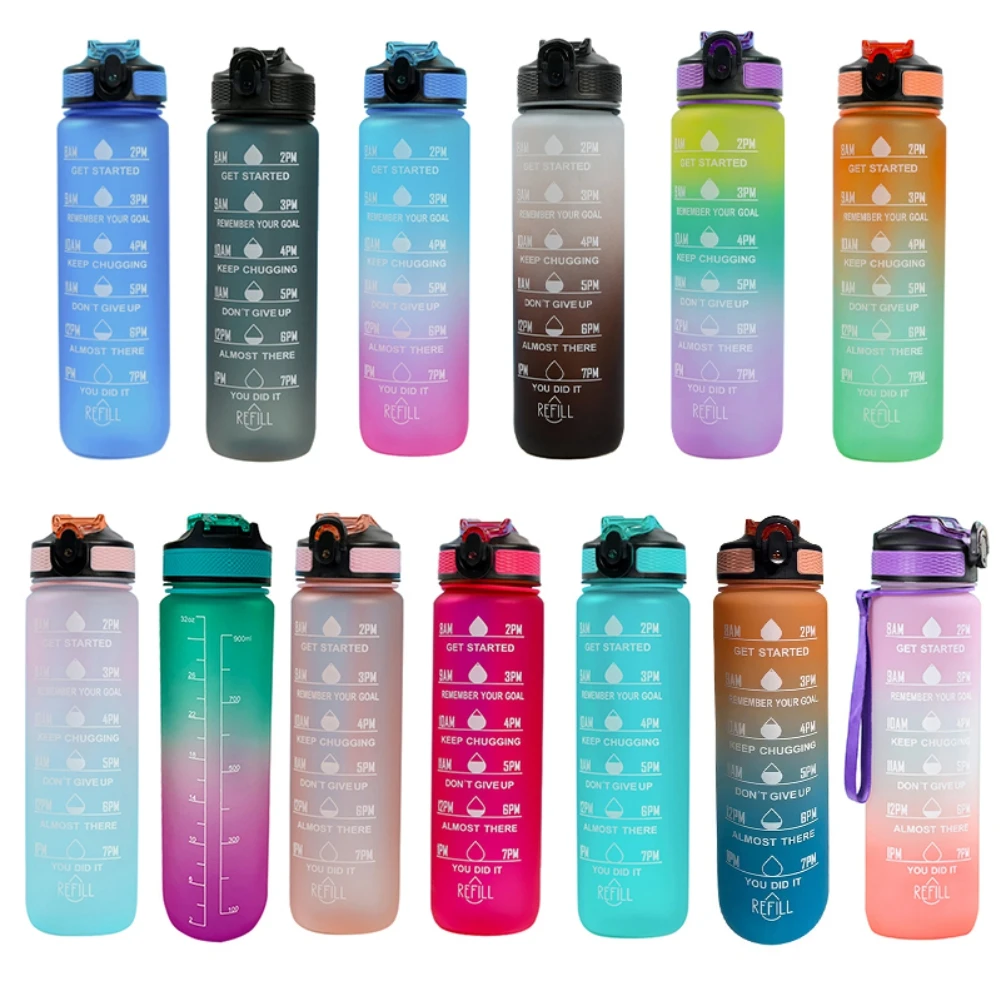 Sports Water Bottle BPA Free Motivational Bottles Gradient Color Leak Proof Water Cup Outdoor Travel Fitness Portable Jug