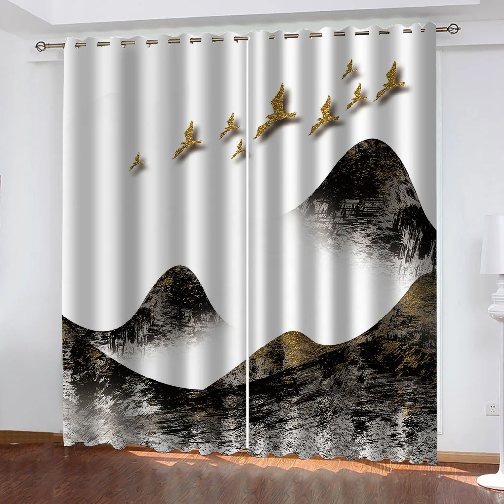 HUANZHUANG Blackout Curtain Room Abstract Ink Landscape Cheap Modern Curtains For Windows Bedroom Living Room Decor 2 Pieces