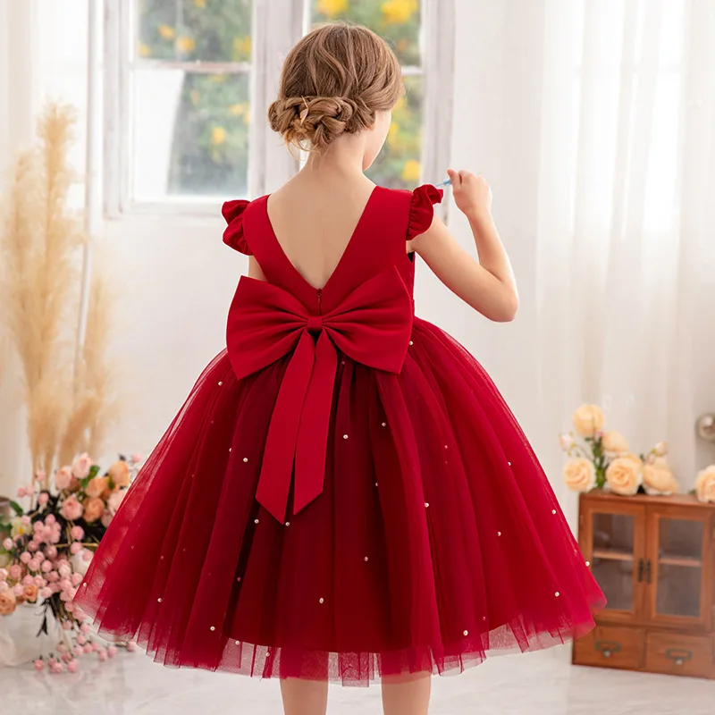 

Charlotte Stylish Little Big Girls V Backless Flutter Sleeves Bowknot Flower Girl Birthday Party Dress