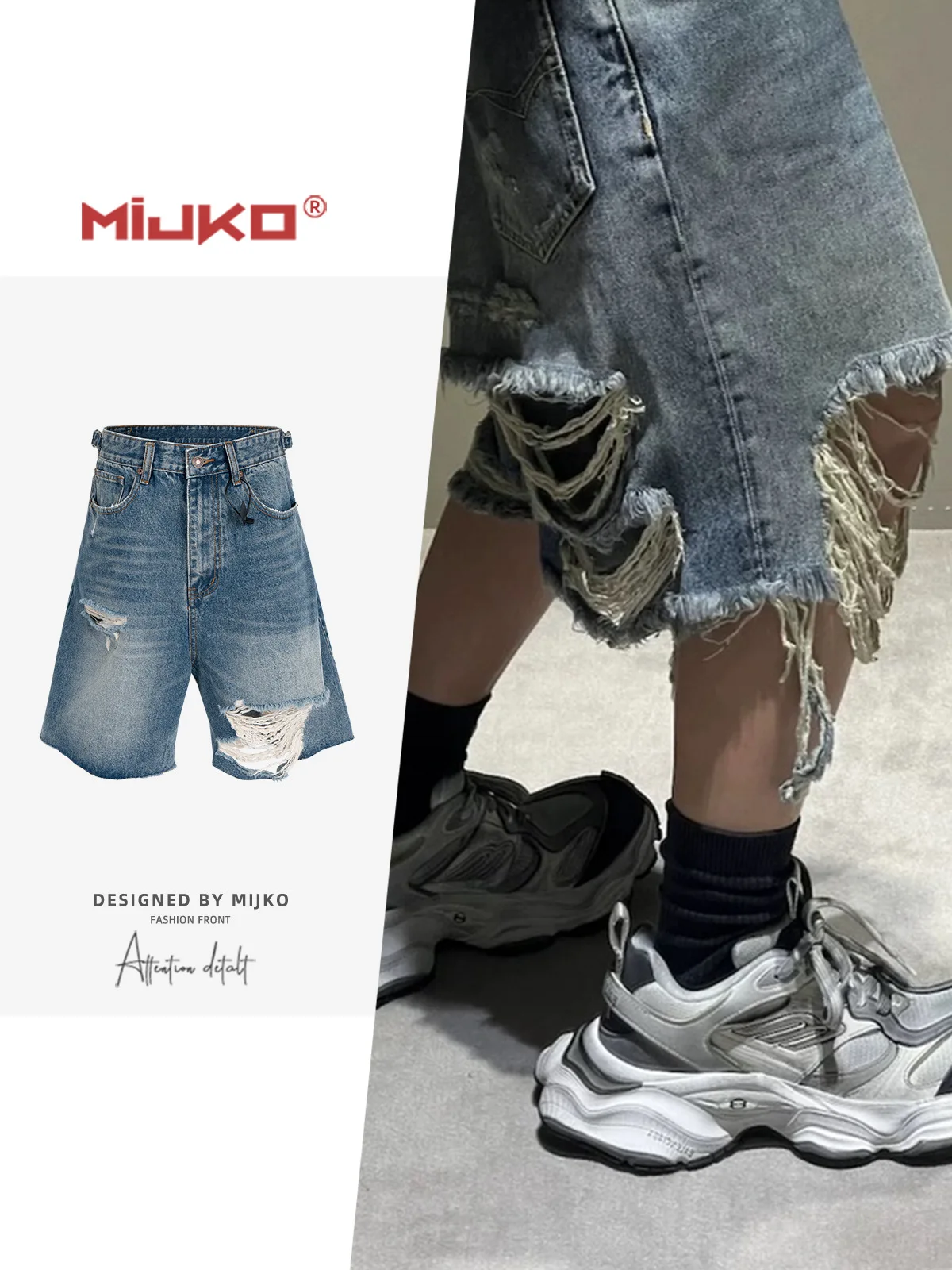 

Винтажные джинсовые шорты MIJKO унисекс с металлической пряжкой, эффектом потертости и бахромой ZJ062