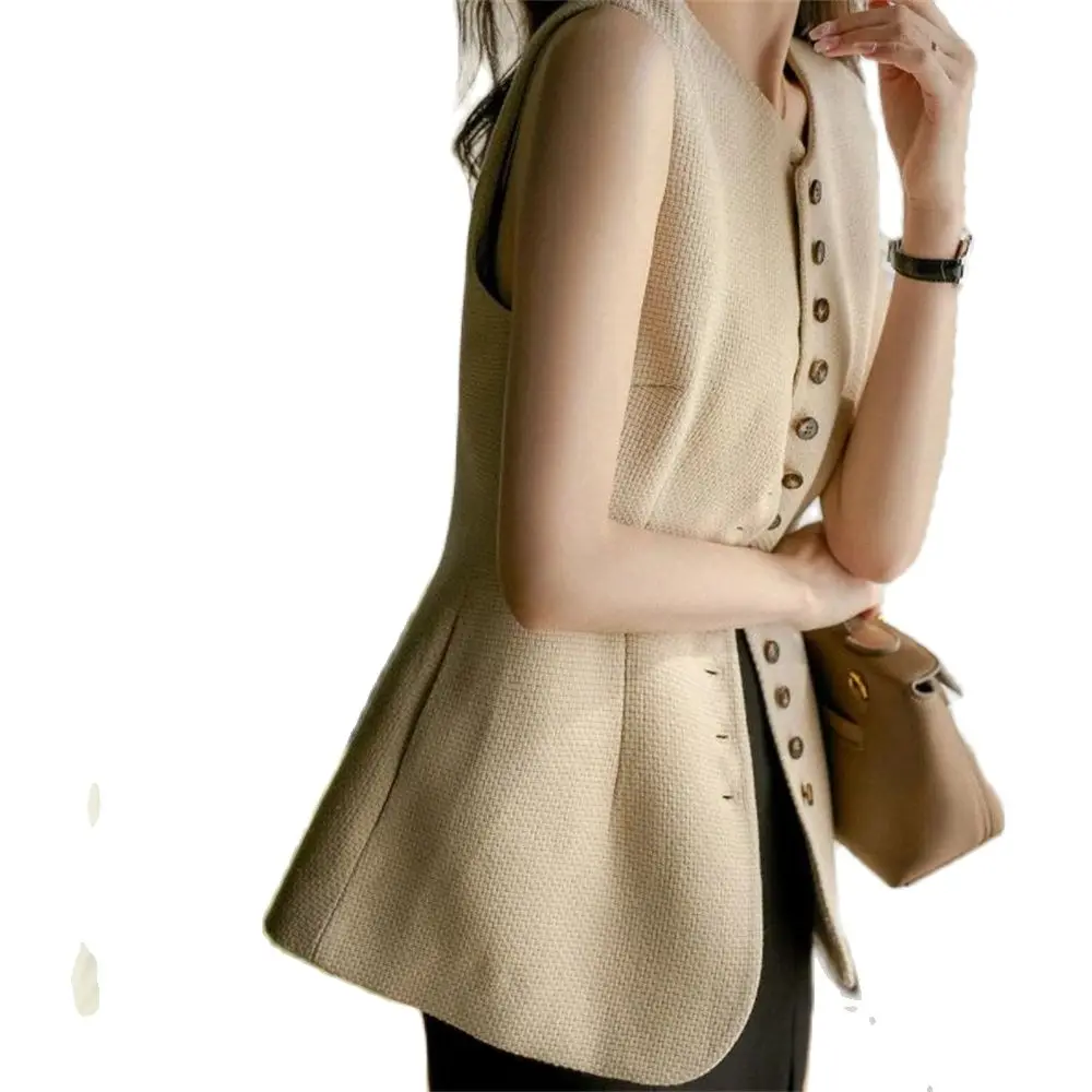 Women Vests Waffle Woven Single Breasted Coats Office Lady Elegant S-3XL All Match Retro Slender Outerwear Autumn Casual Vest