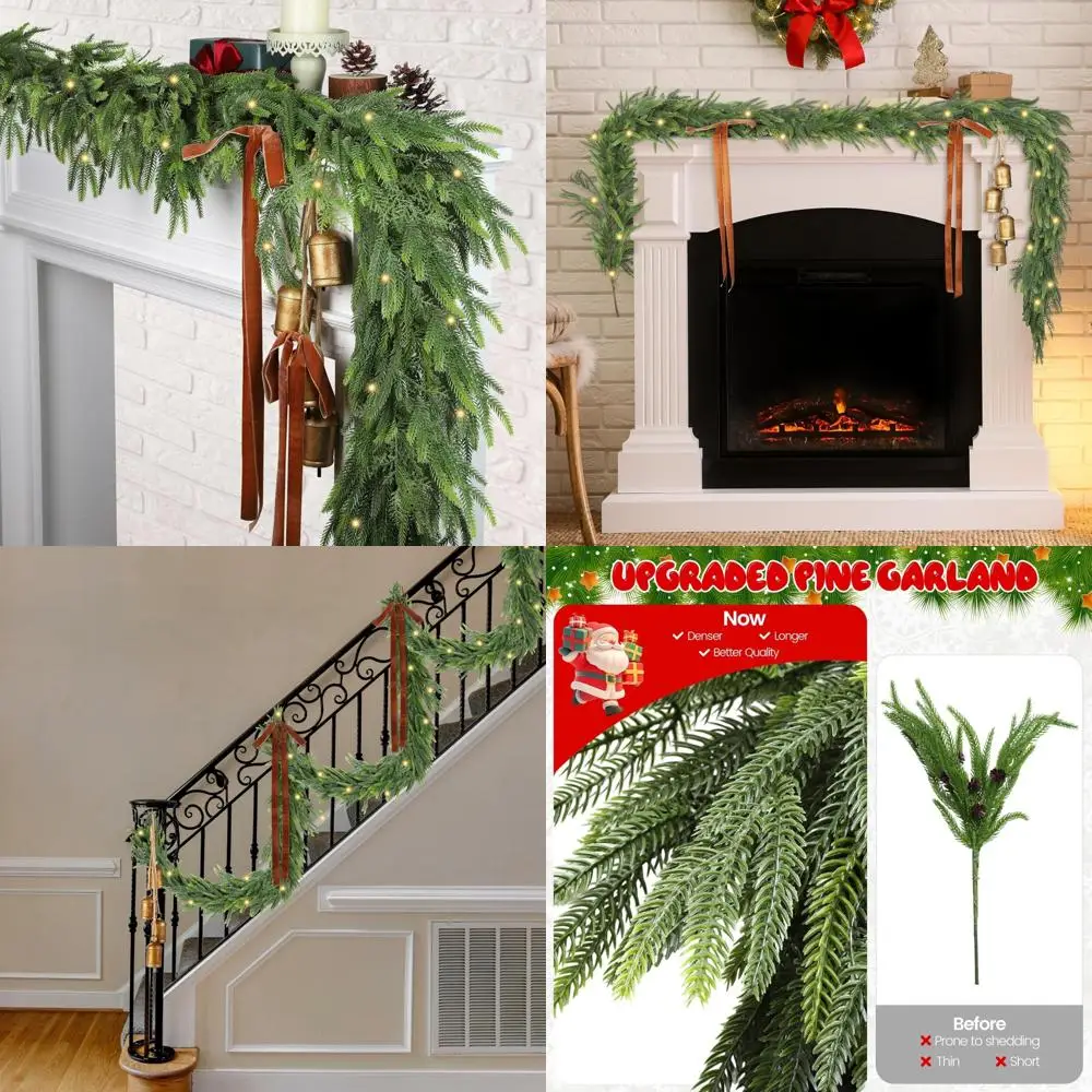

Fovths 5 Pieces 12 Ft Christmas Garlands with Norfolk Pine Garland Rustic Cow Bells Velvet Bow Light String for Christmas Table