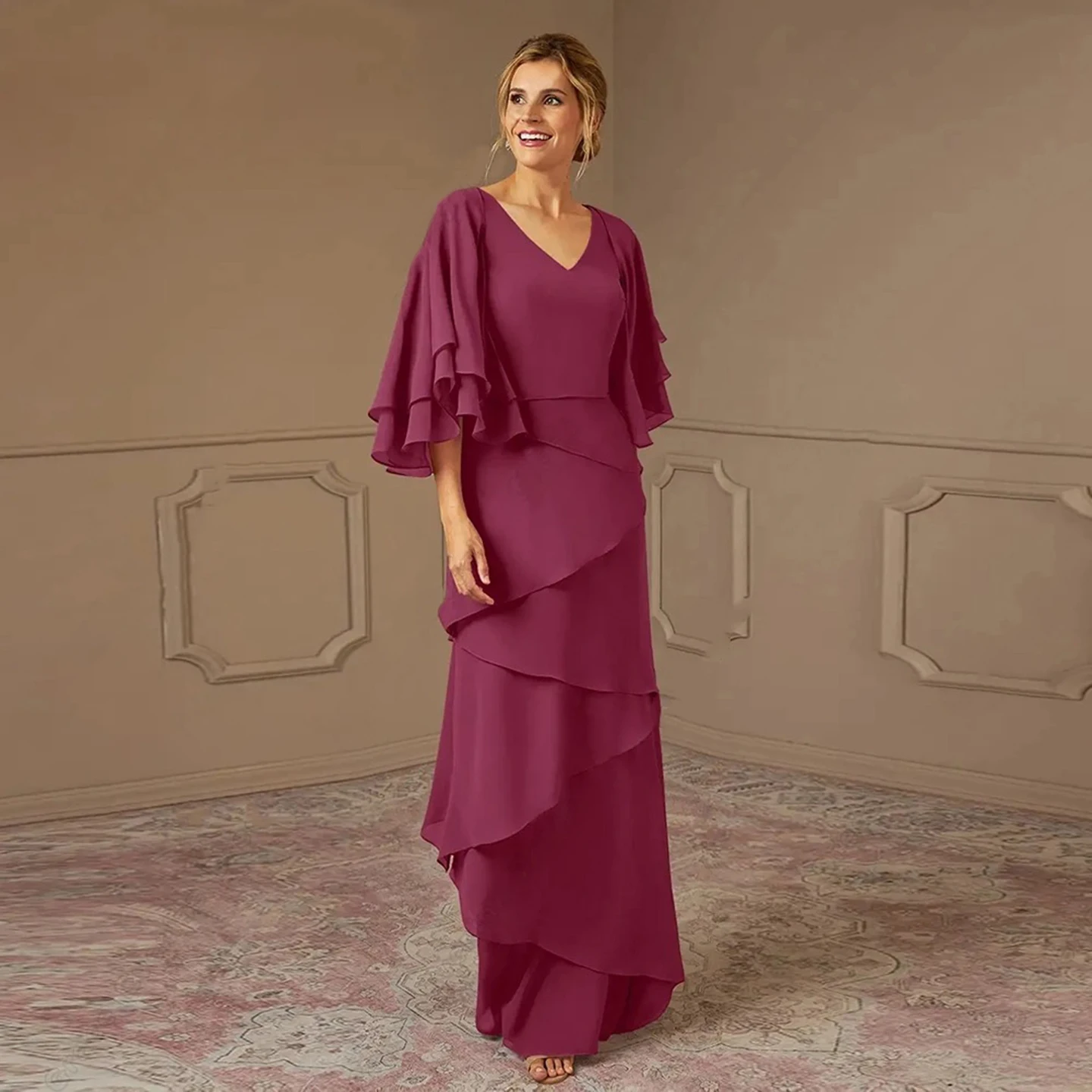 

Wine Red Chiffon Mother of the Bride Dress Tiered Ruffle Sleeve Evening Dresses Formal Gown for Wedding Elegant Gown