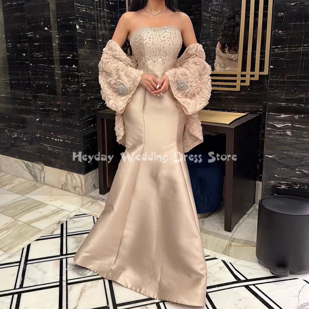 

Heyday Women's Satin Strapless Beaded Mermaid Saudi Evening Dresses Sleeveless With 3D Flowers Shawl Formal Elegant Dresses 2025