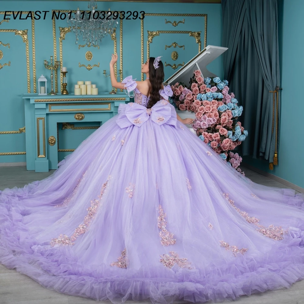 EVLAST Customized Shiny Green Quinceanera Dress Ball Gown Floral Applique Beading Ruffles Sweet 16 Vestidos De 15 Anos E1QN698