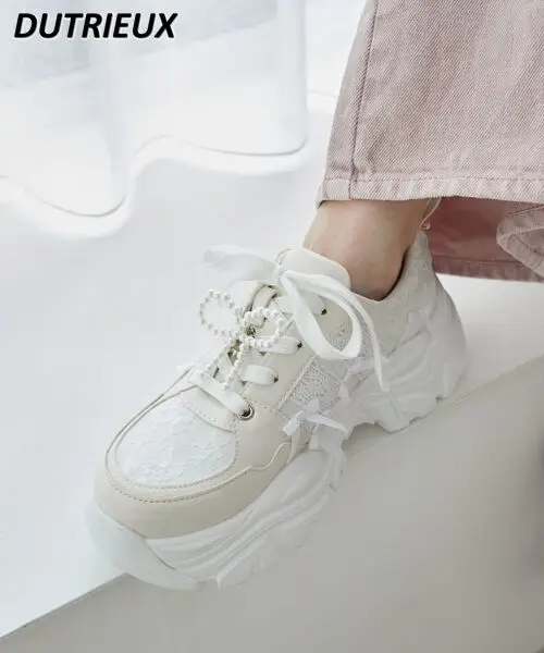 New Sweet Girl Versatile Sneaker Pearl Accessories Japanese Style Thick Bottom Height Increasing Breathable Casual Daddy Shoes