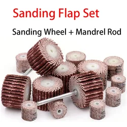 Sanding Flap Set With Sanding Wheel Mandrel Rod Abrasive Flap Wheel Sandpaper Polishing Disc 80-600 Grit for Dremel Drill Rotary