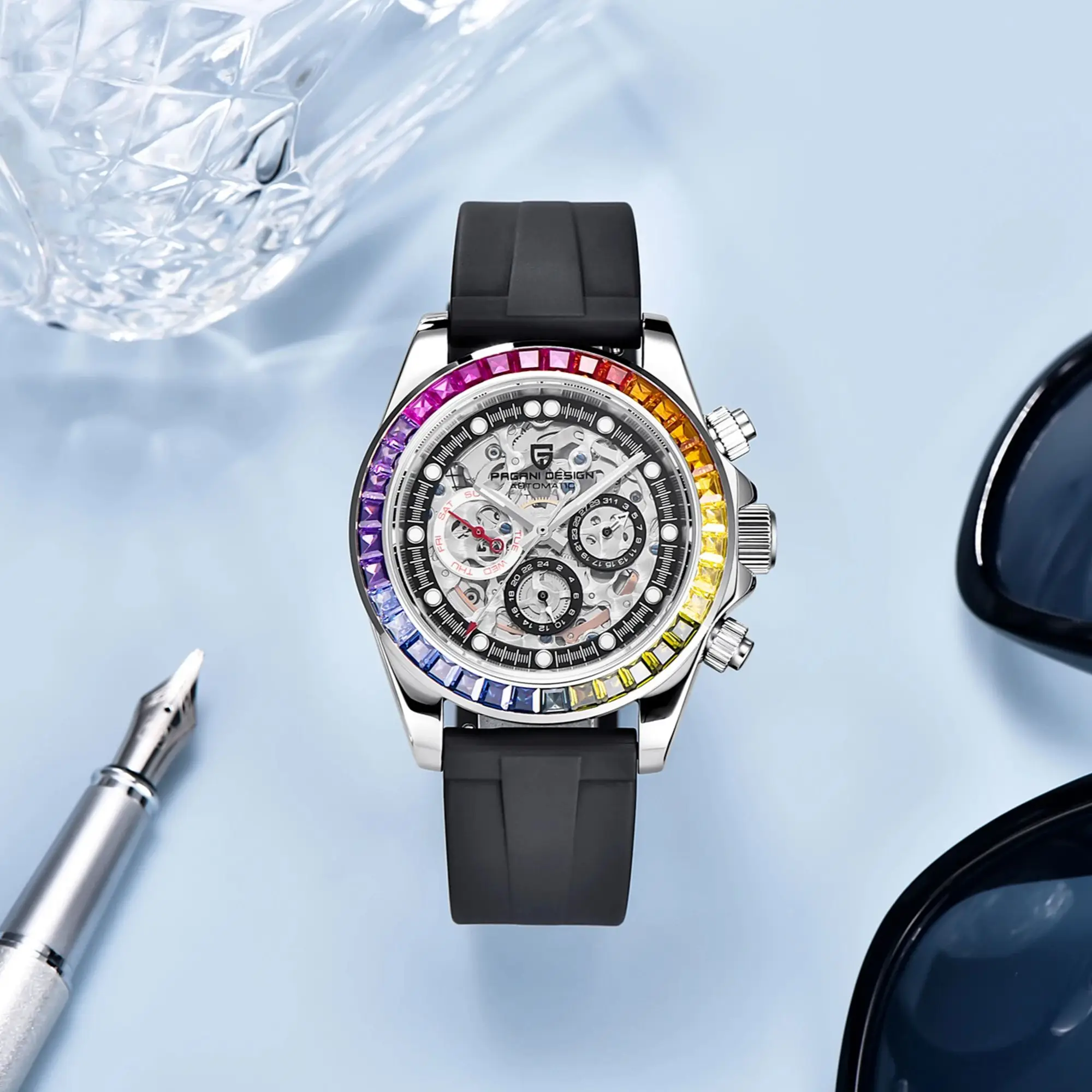 PAGANI DESIGN Men's Automatic Mechanical Watch Avant-Garde Trendy Cool Eye-Catching Rubber Strap Small Three-Pin Calendar Watch