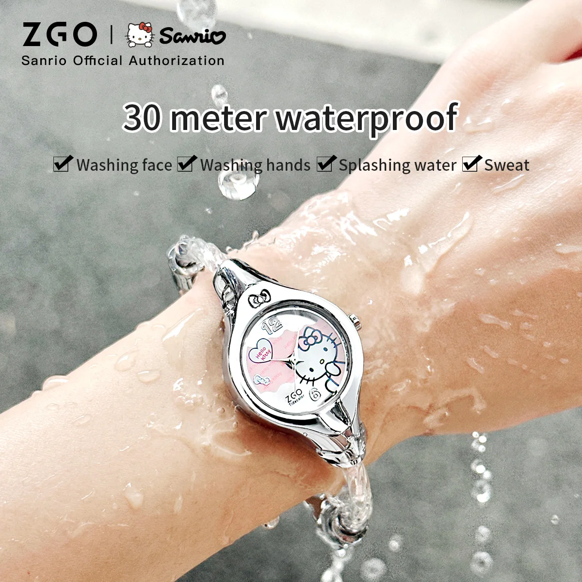 ZGO x Sanrio HelloKitty Women Watch Quartz Wristwatch Creative dial Retro Waterproof Silver Bracelet for Birthday Gift 2192