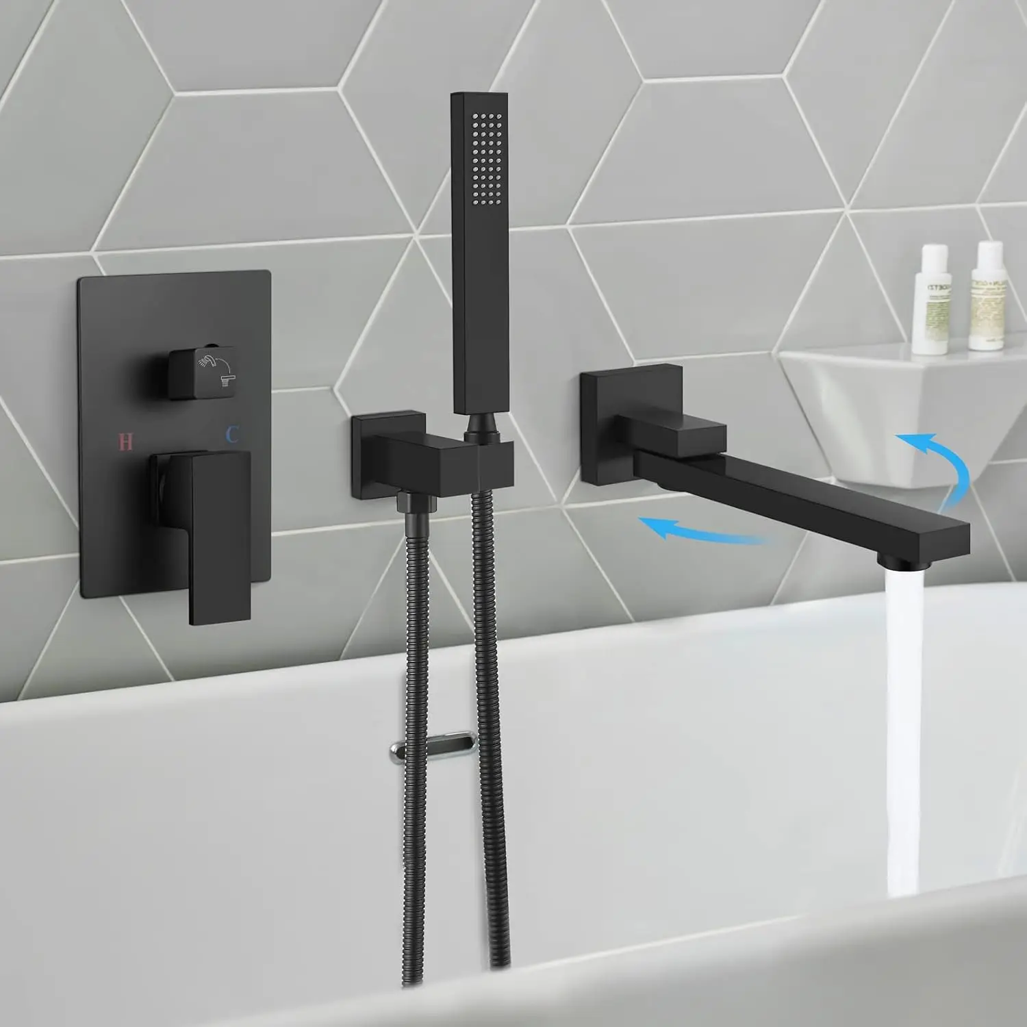 

Matte Black Wall Mount Bathtub Faucet with Hand Held Sprayer and Swivel Tub Filler Single Handle Bathroom Shower System Mixer