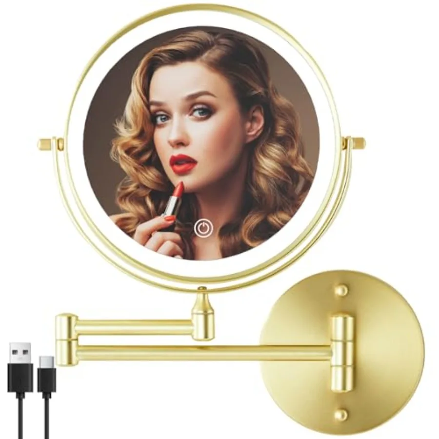 

Rechargeable Wall Mounted Lighted Makeup Vanity Mirror Double Sided 1X 10X Magnifying Bathroom Mirror, 3 Color Lightg, Touch Sc