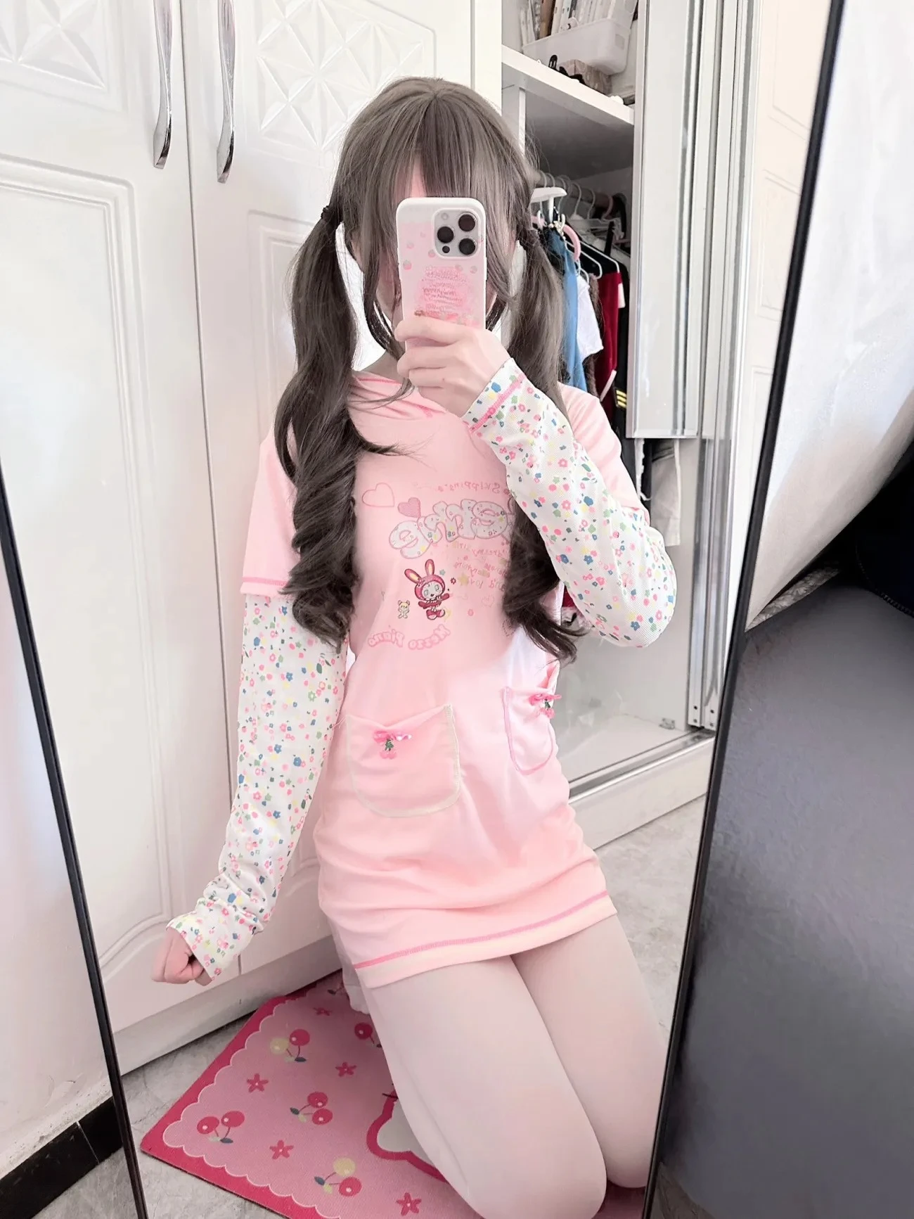 Japanese Sweet T-shirt Sweater Cartoon Print Long-Sleeve Top Fake Two-piece Tees Women Casual Harajuku Spring Summer Tops