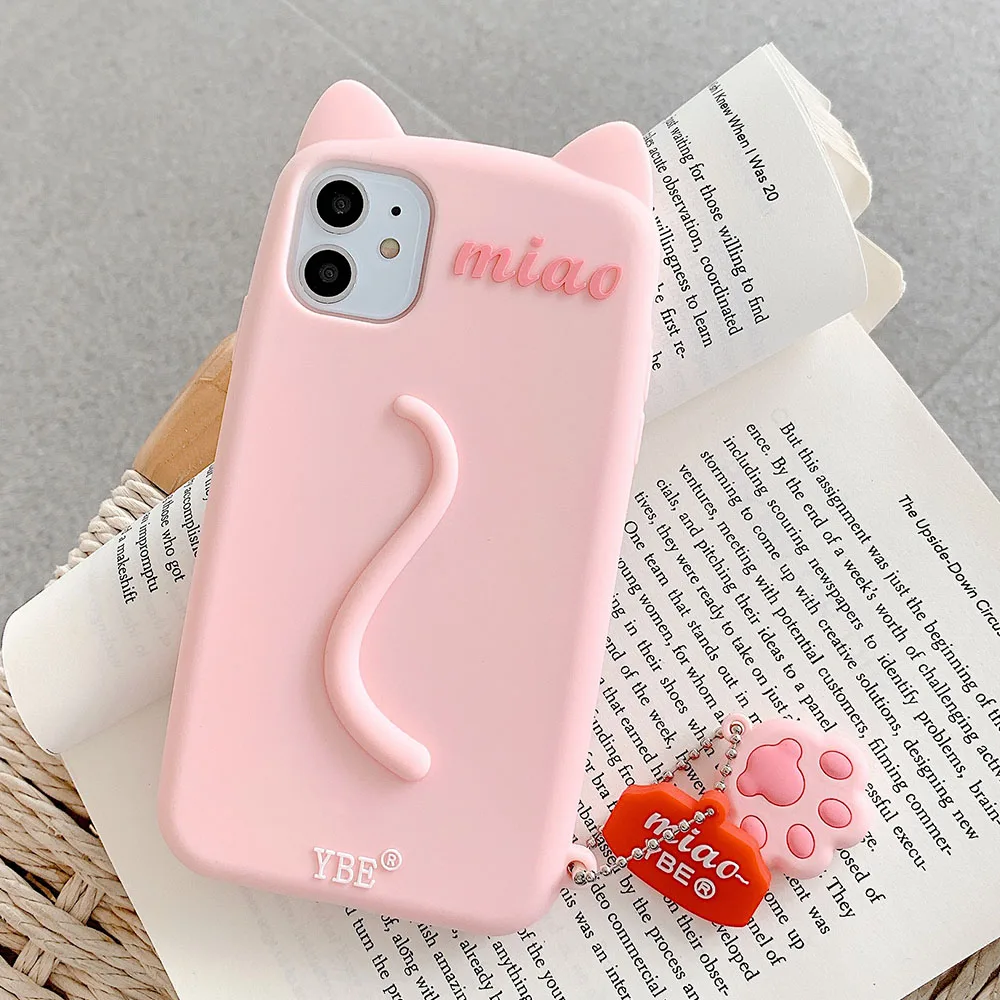 Cartoon Animal Cat Creative Phone Case For iPhone 15 14 13 12 11 Pro Max XR XS X 8 7 6 Plus SE Soft Silicone Cover With Pendant