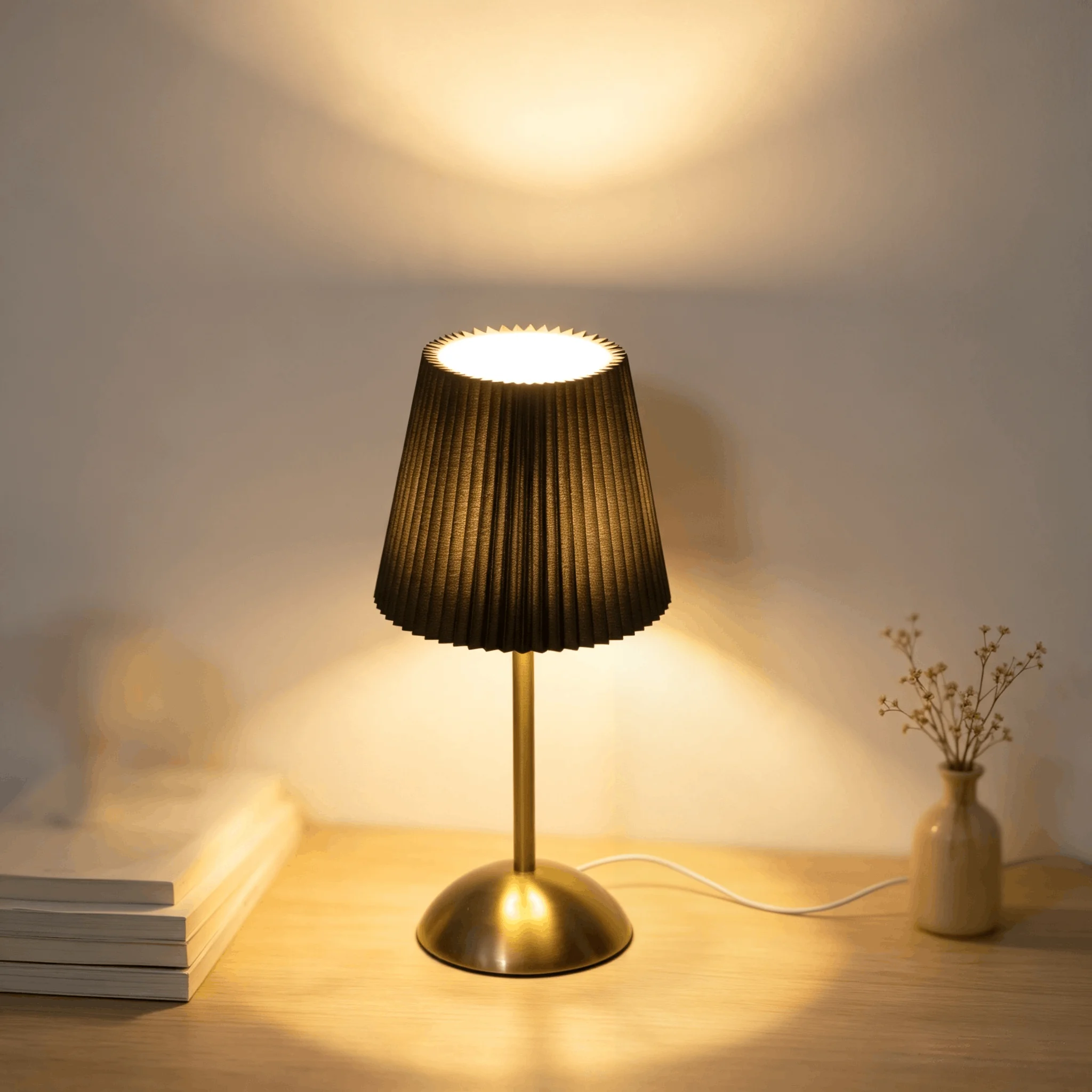 Black Pleated Table Lamp, Gold Metal Base USB Bedside Lamp, Modern Aesthetic Decor Night Light for Bedroom Side Desk