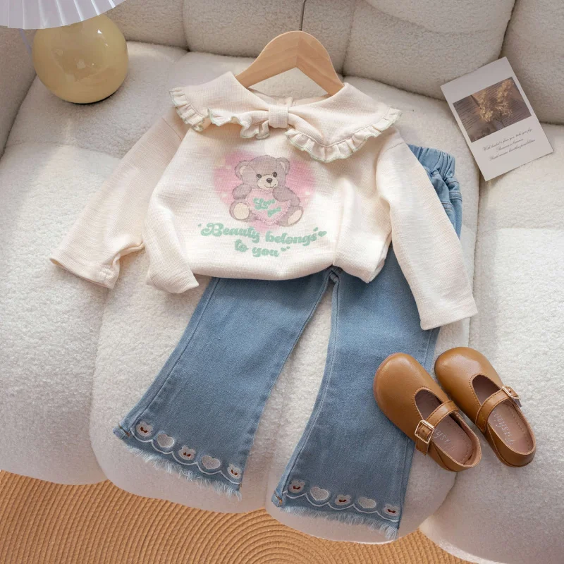 

Xms-Girls' Suit24New Korean Cartoon Love Bear Lace Collar Long Sleeve Sweater+Embroidered Bunny Jeans