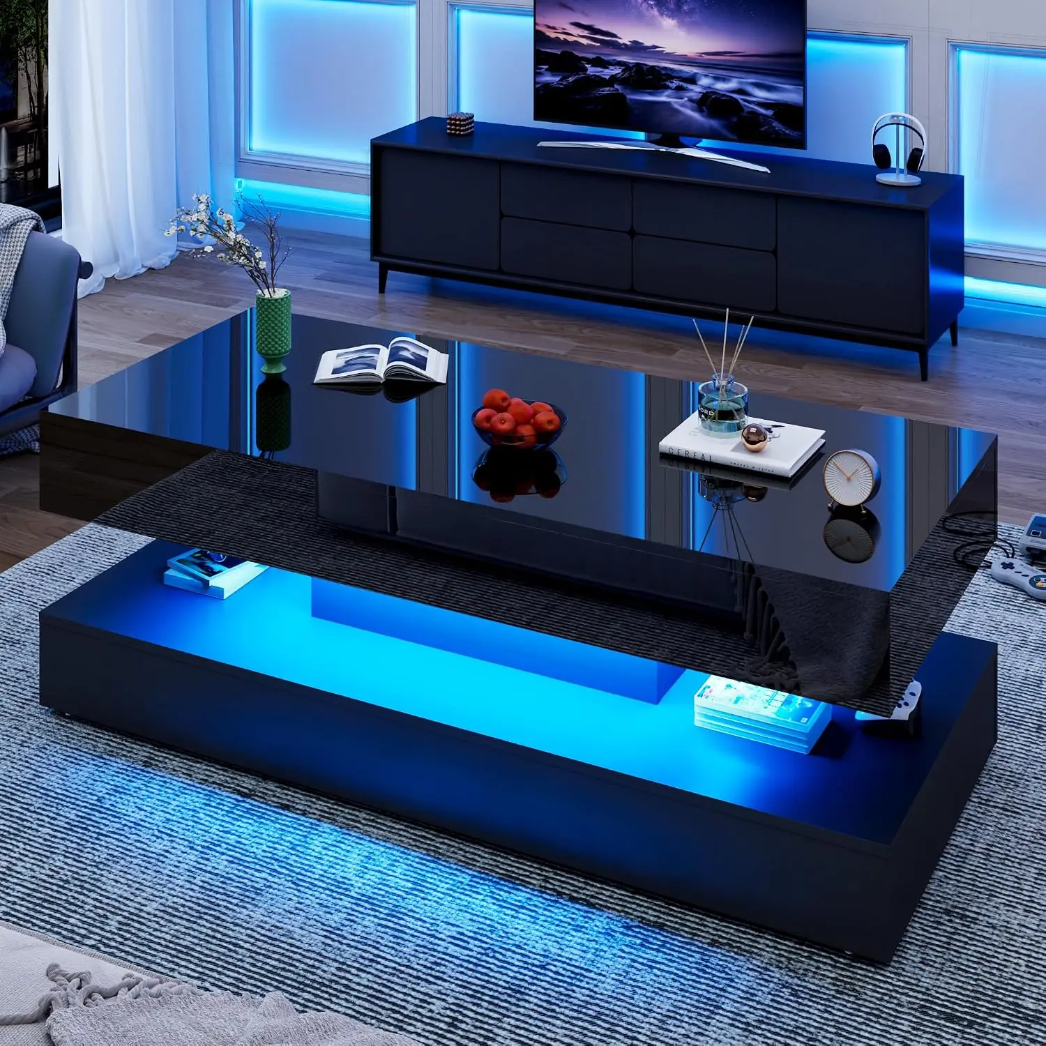 47.3in High Gloss LED Coffee Table with 2 Storage Drawers, Modern Living Room Table with APP Control Lights, Black, Customized