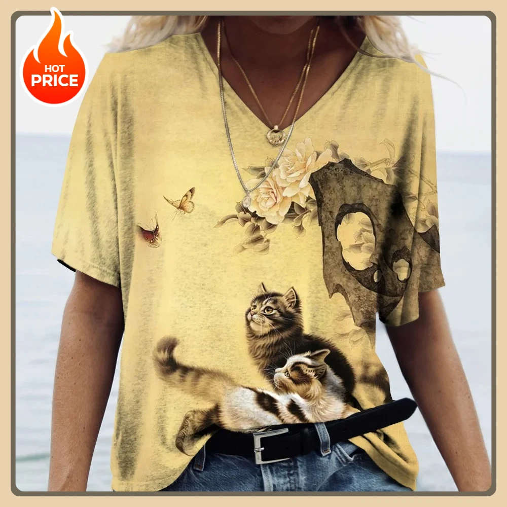 

Women's T Shirt Manga Cat 3D Print Cotton Harajuku Summer Short Sleeve Top V-Neck Casual Women's Clothing Oversized Tees Shirt