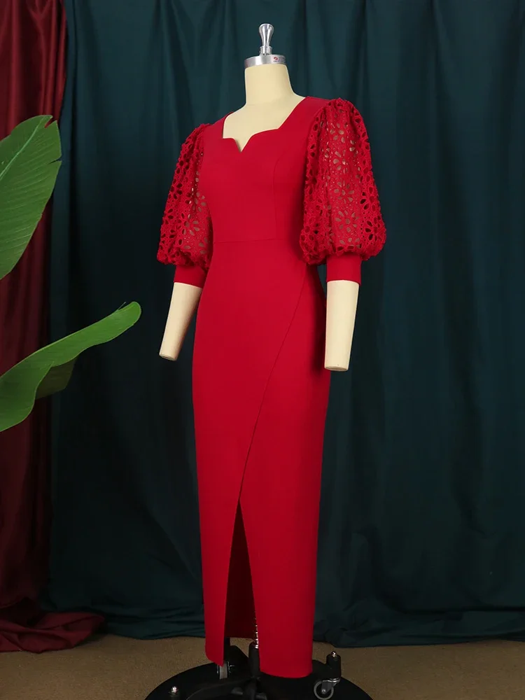 Robes rouges vintage pour femmes, grande taille, dentelle évidée, demi manches, robe fendue sur le devant, fête, événement, vêtements d'anniversaire, 4XL