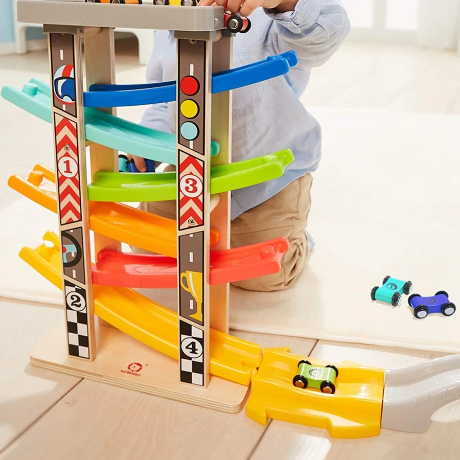 Wooden Car Ramp Race Track Toy Toddler Car Playset Replacement Cars 12 Pack